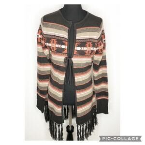 Powder River Outfitters brown orange Southwestern fringe trim sweater Medium